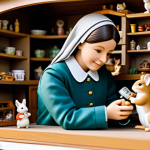 An adult woman, fully clothed in modest and comfortable attire, with a calm, reflective expression, is gently examining a small, dusty Sylvanian Families squirrel figure and a miniature house. She holds the items carefully in her well-formed hands. The scene is set inside a cozy, brightly lit flea market stall, with other vintage toys and collectibles softly blurred in the background, hinting at discovery. Natural daylight illuminates the scene, enhancing the sense of nostalgia and quiet joy. This is a safe for work, appropriate content, fully clothed, family-friendly, professional image, with perfect anatomy, correct proportions, and a natural pose.
