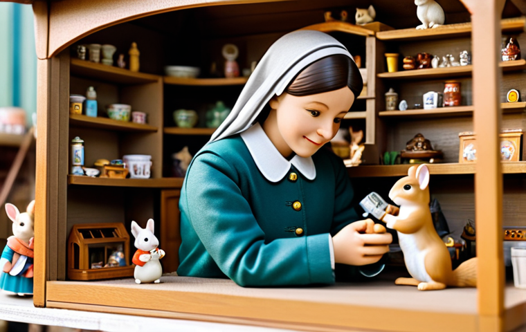 An adult woman, fully clothed in modest and comfortable attire, with a calm, reflective expression, is gently examining a small, dusty Sylvanian Families squirrel figure and a miniature house. She holds the items carefully in her well-formed hands. The scene is set inside a cozy, brightly lit flea market stall, with other vintage toys and collectibles softly blurred in the background, hinting at discovery. Natural daylight illuminates the scene, enhancing the sense of nostalgia and quiet joy. This is a safe for work, appropriate content, fully clothed, family-friendly, professional image, with perfect anatomy, correct proportions, and a natural pose.